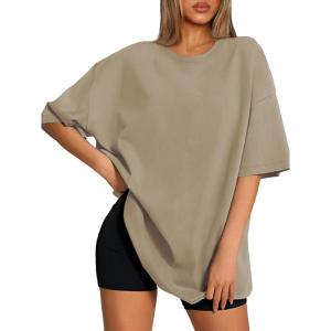 imageATHMILE Womens Oversized T Shirts Loose Fit Crewneck Short Sleeve Tops Summer Casual Blouse 2025 Y2K Basic Tee BeachKhaki