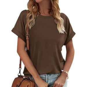 imageATHMILE Womens Tops Oversized Business Casual Dressy Summer T Shirts Short Sleeve Clothes Fashion Trendy Outfits 2025Brown