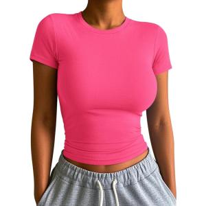 imageATHMILE Womens Basic TShirts Going Out Crop Tops Tight Slim Fit Cute Teen Girls Short SleeveLong Sleeve Y2k Clothes1hot Pink