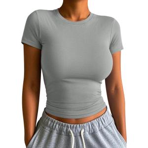 imageATHMILE Womens Basic TShirts Going Out Crop Tops Tight Slim Fit Cute Teen Girls Short SleeveLong Sleeve Y2k Clothes1light Grey
