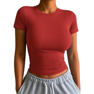 imageATHMILE Womens Basic TShirts Going Out Crop Tops Tight Slim Fit Cute Teen Girls Short SleeveLong Sleeve Y2k Clothes1red