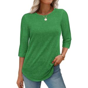 imageATHMILE Womens Casual 34 Sleeve TShirts Round Neck Cute Tunic Summer Tops Basic Tees Fall Blouses Loose Fit PulloverLucky Green