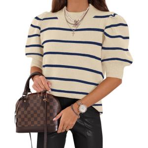 imageATHMILE Womens Puff Short Sleeve Sweater Tops 2025 Spring Summer Trendy Crew Neck Casual T Shirts BlousesBlue Stripe