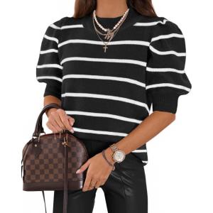 imageATHMILE Womens Puff Short Sleeve Sweater Tops 2025 Spring Summer Trendy Crew Neck Casual T Shirts BlousesWhite Stripe