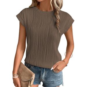 imageATHMILE Womens Short Sleeve Summer Tops Crewneck Textured Shirts Basic T Shirt Casual Work BlousesCoffee