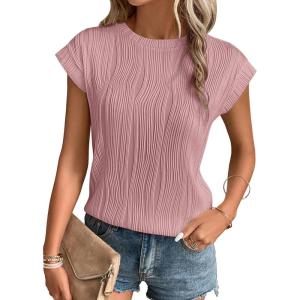 imageATHMILE Womens Short Sleeve Summer Tops Crewneck Textured Shirts Basic T Shirt Casual Work BlousesDark Pink