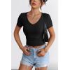 imageATHMILE Women Short Sleeve V Neck Ribbed Knit Fitted Shirts Basic Tees Tops 2025 Summer Casual TShirts Going Out OutfitsBlack