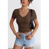 imageATHMILE Women Short Sleeve V Neck Ribbed Knit Fitted Shirts Basic Tees Tops 2025 Summer Casual TShirts Going Out OutfitsBrown