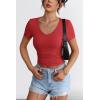 imageATHMILE Women Short Sleeve V Neck Ribbed Knit Fitted Shirts Basic Tees Tops 2025 Summer Casual TShirts Going Out OutfitsRed