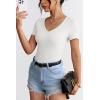 imageATHMILE Women Short Sleeve V Neck Ribbed Knit Fitted Shirts Basic Tees Tops 2025 Summer Casual TShirts Going Out OutfitsWhite