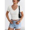 imageATHMILE Women Short Sleeve V Neck Ribbed Knit Fitted Shirts Basic Tees Tops 2025 Summer Casual TShirts Going Out OutfitsWhite