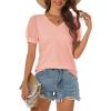 imageATHMILE Womens Summer Tops V Neck T Shirts Swiss Dot Puff Sleeve Tops Loose Casual TshirtsCoral Pink