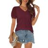 imageATHMILE Womens Summer Tops V Neck T Shirts Swiss Dot Puff Sleeve Tops Loose Casual TshirtsWine Red