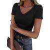 imageATHMILE Women Short Sleeve V Neck Ribbed Knit Fitted Shirts Basic Tees Tops 2025 Summer Casual TShirts Going Out OutfitsBlack
