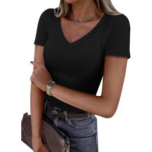imageATHMILE Women Short Sleeve V Neck Ribbed Knit Fitted Shirts Basic Tees Tops 2025 Summer Casual TShirts Going Out OutfitsBlack