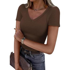 imageATHMILE Women Short Sleeve V Neck Ribbed Knit Fitted Shirts Basic Tees Tops 2025 Summer Casual TShirts Going Out OutfitsBrown