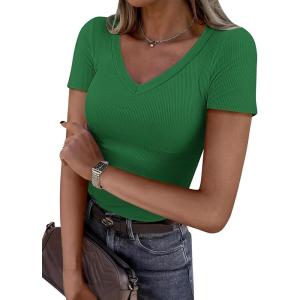 imageATHMILE Women Short Sleeve V Neck Ribbed Knit Fitted Shirts Basic Tees Tops 2025 Summer Casual TShirts Going Out OutfitsGreen