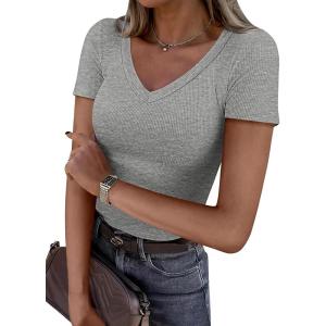 imageATHMILE Women Short Sleeve V Neck Ribbed Knit Fitted Shirts Basic Tees Tops 2025 Summer Casual TShirts Going Out OutfitsHeather Grey