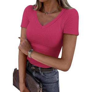 imageATHMILE Women Short Sleeve V Neck Ribbed Knit Fitted Shirts Basic Tees Tops 2025 Summer Casual TShirts Going Out OutfitsHot Pink