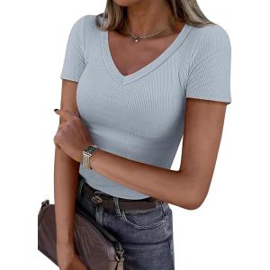 imageATHMILE Women Short Sleeve V Neck Ribbed Knit Fitted Shirts Basic Tees Tops 2025 Summer Casual TShirts Going Out OutfitsLight Blue