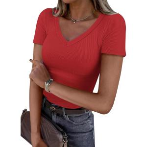 imageATHMILE Women Short Sleeve V Neck Ribbed Knit Fitted Shirts Basic Tees Tops 2025 Summer Casual TShirts Going Out OutfitsRed