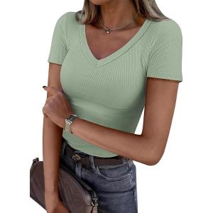 imageATHMILE Women Short Sleeve V Neck Ribbed Knit Fitted Shirts Basic Tees Tops 2025 Summer Casual TShirts Going Out OutfitsSage Green