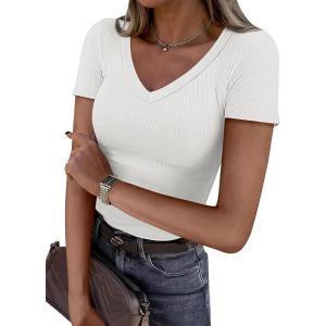 imageATHMILE Women Short Sleeve V Neck Ribbed Knit Fitted Shirts Basic Tees Tops 2025 Summer Casual TShirts Going Out OutfitsWhite