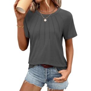 imageATHMILE Womens Short Sleeve Shirts Trendy Dressy Tops Business Casual Tee Fashion Knitted Blouses Y2k Outfits 2025Dark Grey