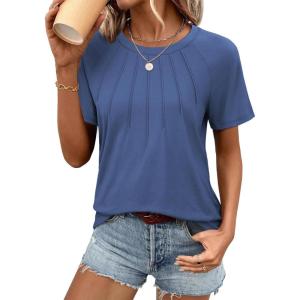 imageATHMILE Womens Short Sleeve Shirts Trendy Dressy Tops Business Casual Tee Fashion Knitted Blouses Y2k Outfits 2025Grey Blue