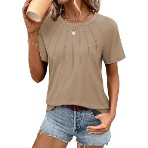 imageATHMILE Womens Short Sleeve Shirts Trendy Dressy Tops Business Casual Tee Fashion Knitted Blouses Y2k Outfits 2025Khaki