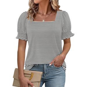 imageATHMILE Womens Summer Tops Square Neck Dressy Casual Ruffle Trim Sleeve Cute T Shirts Trendy ClothesBlackstripe