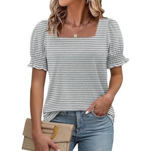 imageATHMILE Womens Summer Tops Square Neck Dressy Casual Ruffle Trim Sleeve Cute T Shirts Trendy ClothesGreystripe