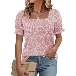 imageATHMILE Womens Summer Tops Square Neck Dressy Casual Ruffle Trim Sleeve Cute T Shirts Trendy ClothesPink Dot