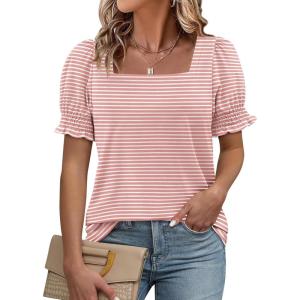 imageATHMILE Womens Summer Tops Square Neck Dressy Casual Ruffle Trim Sleeve Cute T Shirts Trendy ClothesPinkstripe