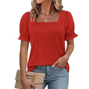 imageATHMILE Womens Summer Tops Square Neck Dressy Casual Ruffle Trim Sleeve Cute T Shirts Trendy ClothesRed