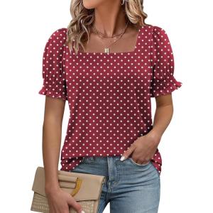 imageATHMILE Womens Summer Tops Square Neck Dressy Casual Ruffle Trim Sleeve Cute T Shirts Trendy ClothesWine Polka Dot