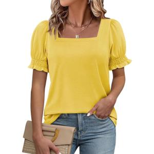 imageATHMILE Womens Summer Tops Square Neck Dressy Casual Ruffle Trim Sleeve Cute T Shirts Trendy ClothesYellow