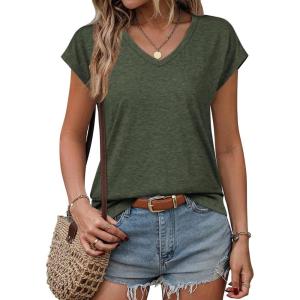 imageATHMILE Womens Summer Tops V Neck Cap Sleeve Tshirts Casual Cute T Shirts Fashion Clothes Vintage Basics TeeArmy Green