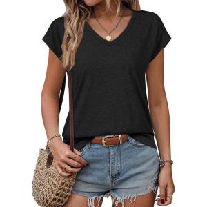 imageATHMILE Womens Summer Tops V Neck Cap Sleeve Tshirts Casual Cute T Shirts Fashion Clothes Vintage Basics TeeBlack