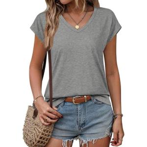 imageATHMILE Womens Summer Tops V Neck Cap Sleeve Tshirts Casual Cute T Shirts Fashion Clothes Vintage Basics TeeGrey