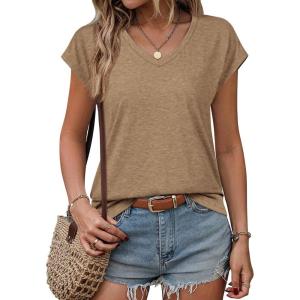 imageATHMILE Womens Summer Tops V Neck Cap Sleeve Tshirts Casual Cute T Shirts Fashion Clothes Vintage Basics TeeKhaki