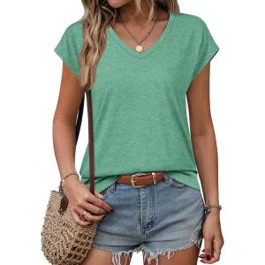 imageATHMILE Womens Summer Tops V Neck Cap Sleeve Tshirts Casual Cute T Shirts Fashion Clothes Vintage Basics TeeLake Green