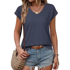 imageATHMILE Womens Summer Tops V Neck Cap Sleeve Tshirts Casual Cute T Shirts Fashion Clothes Vintage Basics TeeNavy Blue
