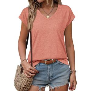 imageATHMILE Womens Summer Tops V Neck Cap Sleeve Tshirts Casual Cute T Shirts Fashion Clothes Vintage Basics TeePink