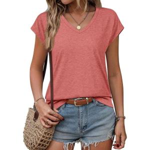 imageATHMILE Womens Summer Tops V Neck Cap Sleeve Tshirts Casual Cute T Shirts Fashion Clothes Vintage Basics TeeRed