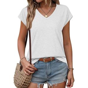 imageATHMILE Womens Summer Tops V Neck Cap Sleeve Tshirts Casual Cute T Shirts Fashion Clothes Vintage Basics TeeWhite