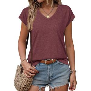 imageATHMILE Womens Summer Tops V Neck Cap Sleeve Tshirts Casual Cute T Shirts Fashion Clothes Vintage Basics TeeWine Red