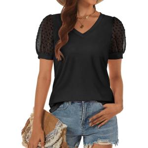 imageATHMILE Womens Summer Tops V Neck T Shirts Swiss Dot Puff Sleeve Tops Loose Casual TshirtsBlack