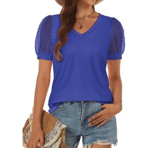 imageATHMILE Womens Summer Tops V Neck T Shirts Swiss Dot Puff Sleeve Tops Loose Casual TshirtsBlue