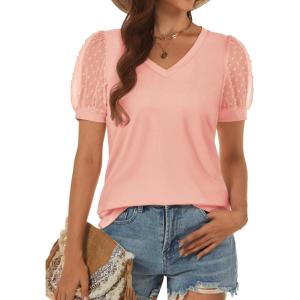 imageATHMILE Womens Summer Tops V Neck T Shirts Swiss Dot Puff Sleeve Tops Loose Casual TshirtsCoral Pink